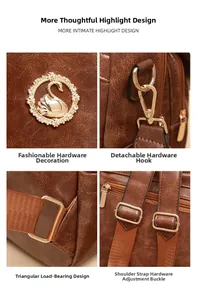 Dettagli della borsa in pelle retrò marrone con logo a cigno dorato e ganci in metallo