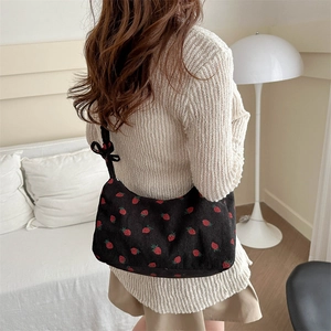 Large black corduroy tote bucket bag with strawberry embroidery and bow shoulder strap