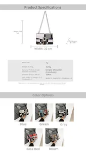 Size chart showing 22x13.5x6.5cm dimensions for the plaid shoulder bag with strap details