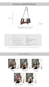 Detailed dimensions and multi-color options for the geometric patchwork PU shoulder bag