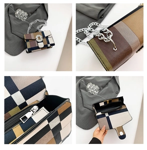 Détails du sac à carreaux multicolore avec boucle en cristal et bandoulière chaîne