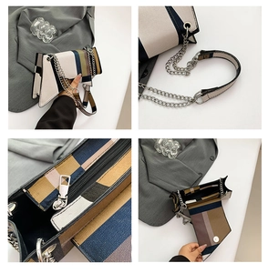 Detail view of colorful striped crossbody bag with silver chain strap and zipper closure