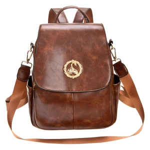 Zaino vintage marrone da donna con elegante fibbia metallica a forma di cigno dorato