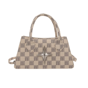 Classic checkered beige and grey handbag with star metallic clasp and dual strap