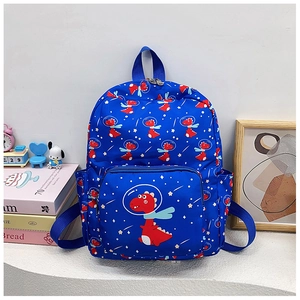 Detail view of the blue children's backpack with dinosaur prints and side mesh pockets