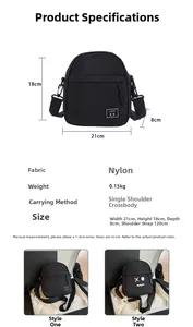Detailed size chart for black nylon crossbody bags showing dimensions and design options