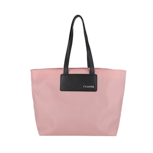 Pink nylon tote bag with black leather straps and large capacity for daily commuting