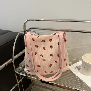 Strawberry Print Corduroy Tote Bag Large Capacity Women Single Shoulder Commuter Handbag Sweet Fresh Style