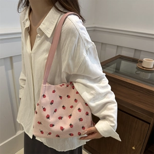 Pink corduroy tote bag with strawberry print and large capacity for women commuting