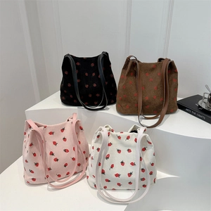 Large capacity corduroy strawberry tote bags in black brown pink and white colors