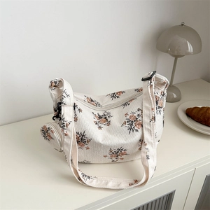 Vintage Floral Corduroy Shoulder Bag For Women Printed Underarm Bag With Mini Coin Purse Crescent Hobo Crossbody Bag
