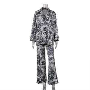 Pijama de 2 piezas de satén Toile de Jouy para mujer con camisa de manga larga y pantalón