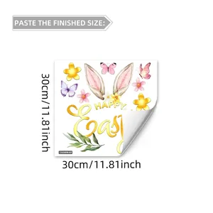 Detail of Happy Easter wall sticker featuring bunny ears, flowers and 30x30cm size specs