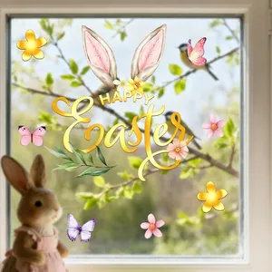 Easter Window Stickers Happy Easter Bunny Egg Flower Hedgehog Wreath Decorative PVC Wall Decals For Home Party Decor