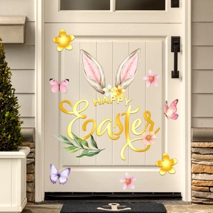 Detail of DIY Happy Easter door stickers with bunny ears and floral butterfly patterns