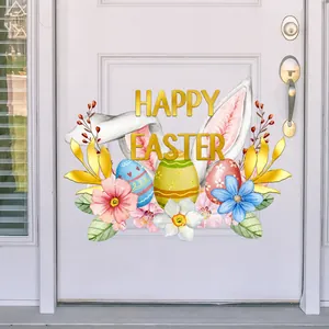 Close-up of Happy Easter door stickers with bunny ears, colorful eggs and floral accents