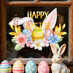 Detail of Happy Easter window decal with bunny ears, flowers and colorful eggs