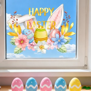 Close-up of Happy Easter window stickers featuring gold rabbits and floral eggs