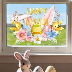 Detail of Happy Easter window sticker with rabbit ears, colorful eggs and floral motifs