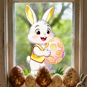 Close-up of Easter window sticker featuring a cute bunny holding a large pink egg on grass