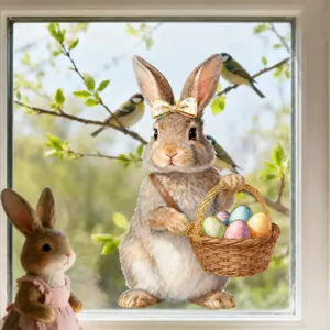 Macro detail of Easter bunny window sticker with flower bow and colorful egg basket