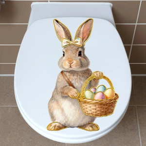 Detail of Easter bunny with colorful egg basket sticker on a white toilet lid