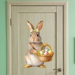 Detail of Easter bunny wall decal with egg basket applied on a light wood door surface