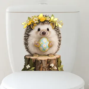 Detailed toilet sticker showing a cute hedgehog with a floral crown and Easter egg