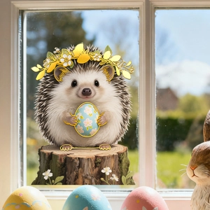 Easter window sticker with cute hedgehog wearing flower crown and holding colored egg