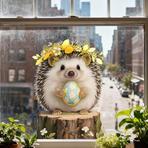 Detail of cute hedgehog window sticker with floral wreath and colorful Easter egg