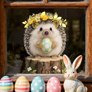 Detail of cute hedgehog window sticker with Easter egg on rustic wooden frame
