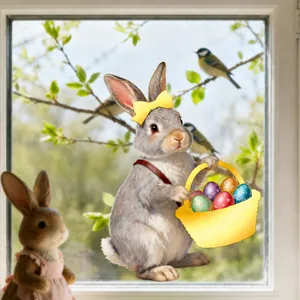 Macro view of Easter bunny window sticker with golden outlines and colorful eggs