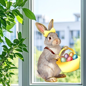 Close-up of a realistic bunny window sticker with Easter eggs on a glass surface