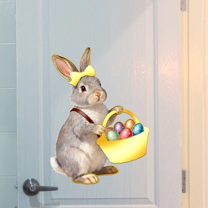 Easter bunny wall sticker with golden edges and basket on a white wooden door