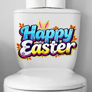 Detailed Happy Easter window sticker with polka dot rabbit ears on a white surface