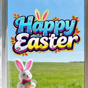 Detail of Happy Easter window sticker with floral lettering and cute rabbit elements