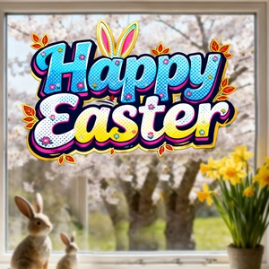 Detail of Happy Easter window sticker with bunny ears and floral pattern on glass
