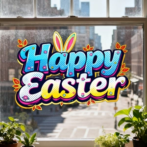 Happy Easter window sticker with polka dot bunny ears and floral decorations on glass