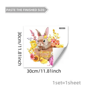Happy Easter wall sticker featuring cute bunny, floral wreath and yellow chicks, 30x30cm size