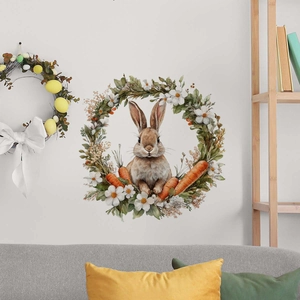 Watercolor Easter bunny sticker inside a floral daisy wreath on a living room wall