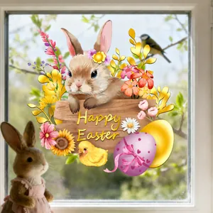 Detail of Happy Easter window sticker with cute bunny, yellow chick and golden eggs