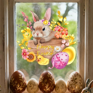 Happy Easter window stickers featuring cute bunnies, colorful eggs and floral wreaths