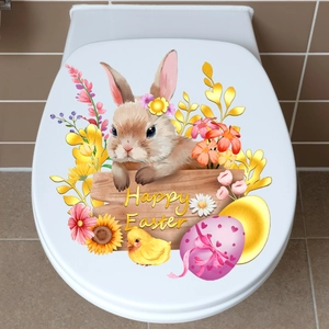Detail of Happy Easter wall decal with cute bunny, chick and flowers on white lid