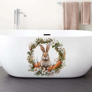 Realistic brown bunny in vintage flower wreath sticker applied on white bathtub