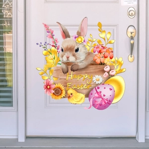 Close-up of Happy Easter door decal featuring a cute brown rabbit with a flower wreath