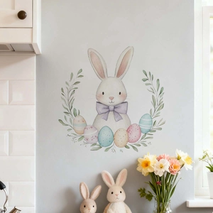 Detailed watercolor Easter rabbit wall sticker with floral wreath and colorful eggs