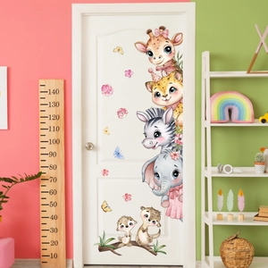 Cartoon Animal Wall Stickers PVC Self Adhesive Elephant Zebra Giraffe Decals For Kids Room Nursery Home Decor Background