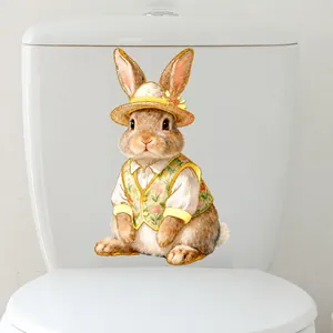 Detail of adorable rabbit wall sticker with floral vest and hat on white surface
