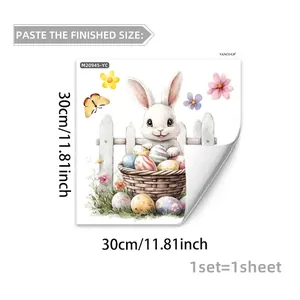 Detailed view of watercolor Easter rabbit and floral eggs wall decal with dimensions