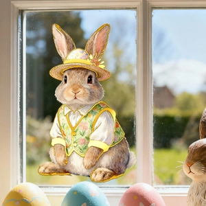Detailed view of vintage rabbit window sticker with gold foil outline on glass